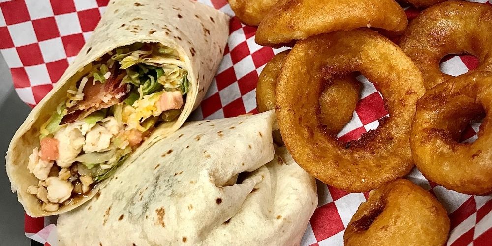 Idle Hour wrap and onion rings
